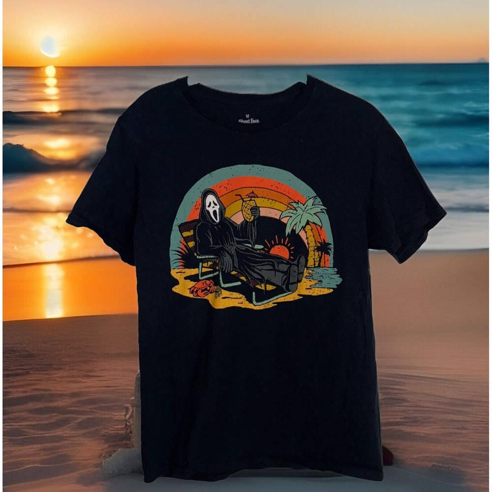 Ghost Face T-shirt Woman Med Scary Movie Scream Horror On The Beach USA Cotton